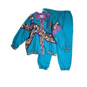 Vintage Lady Lavon Teal Geometric Patchwork Track Suit 2 Piece Set 2X 90s Retro